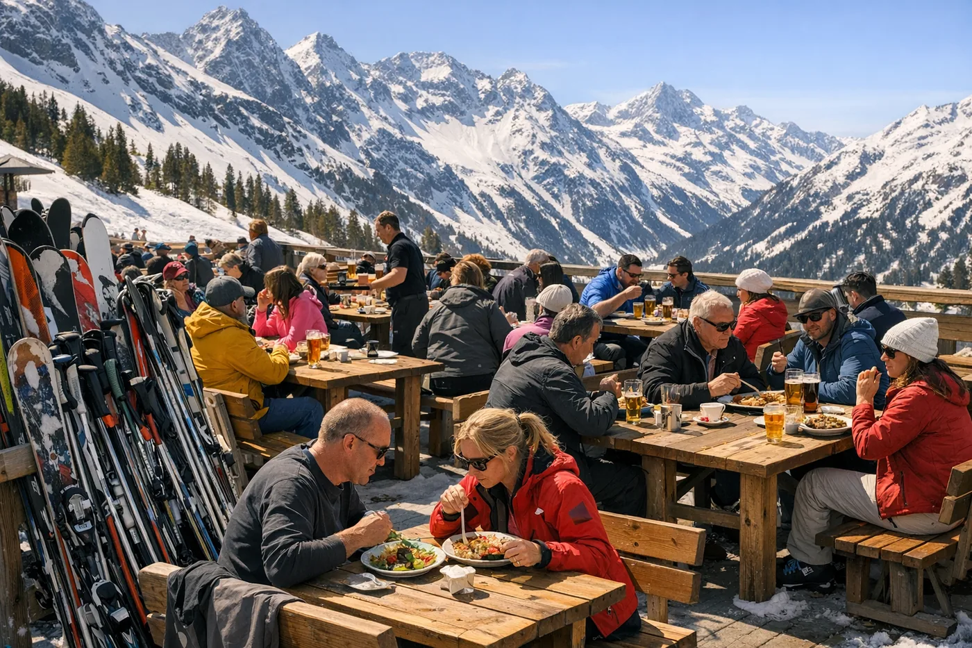 Solrig terrasse uden for en bjergrestaurant i Alperne
