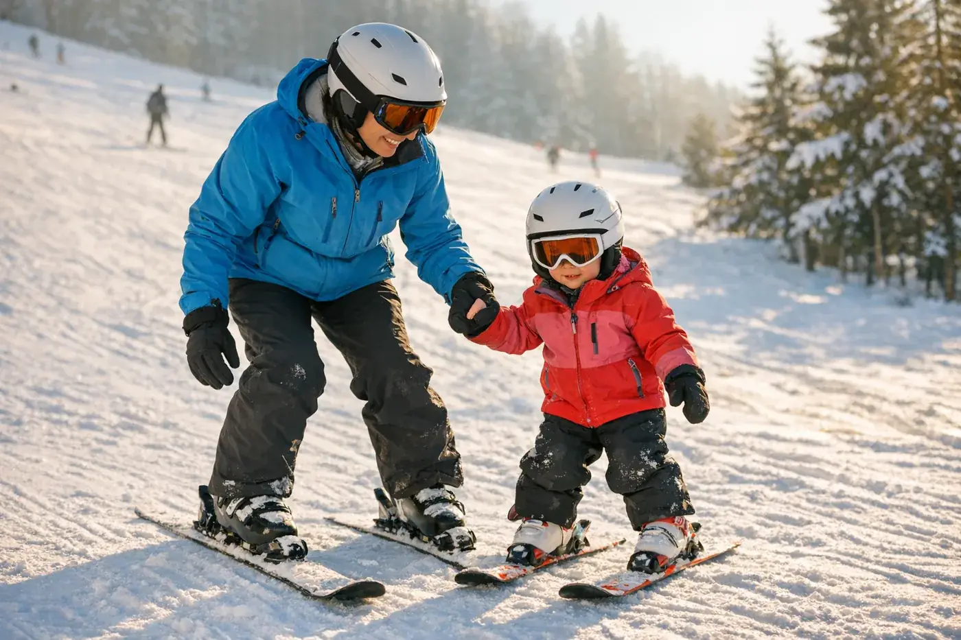 Forælder der lærer et barn at stå på ski i begynderbakken