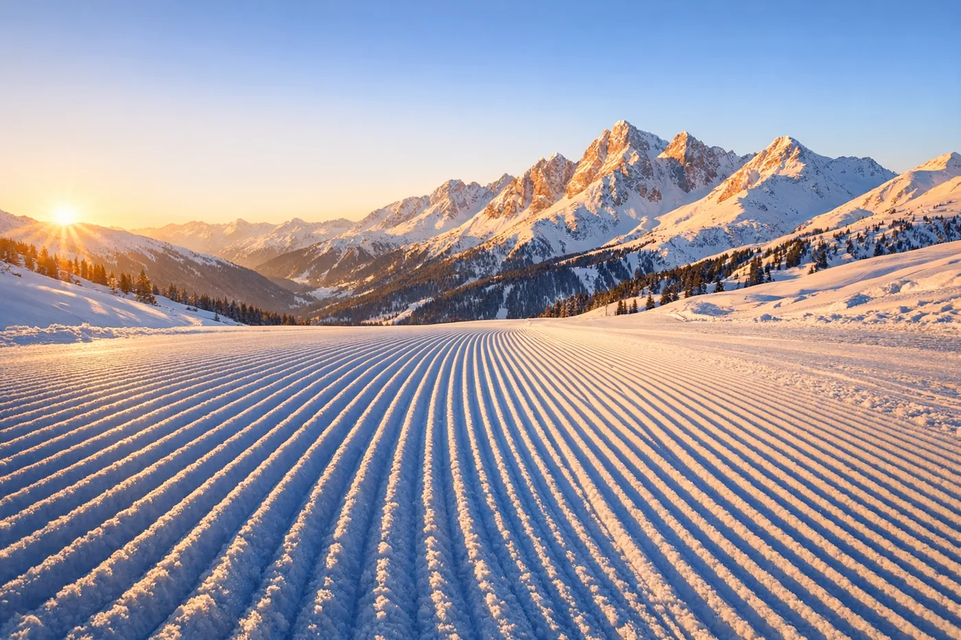 Nypræpareret piste i morgenlys
