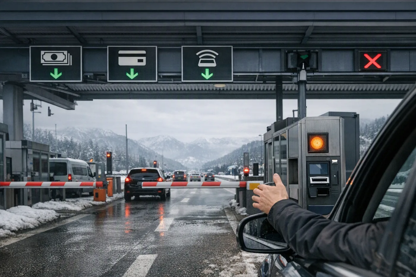 Betalingsstation på motorvej i Alperne med symboler for sedler, kort og brik