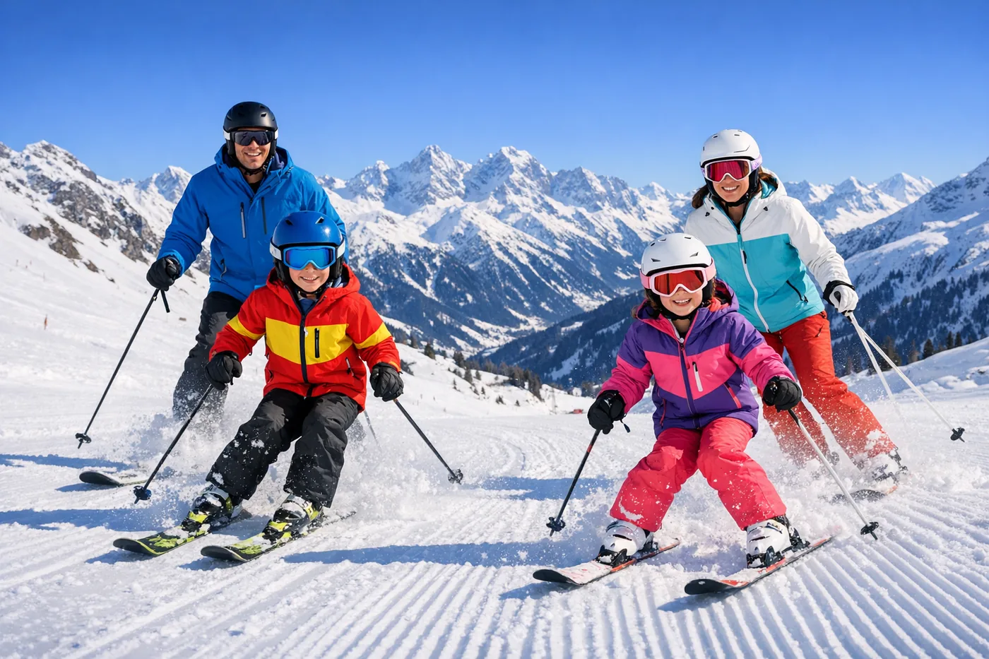 Familie på skirejse i Alperne i vinterferien