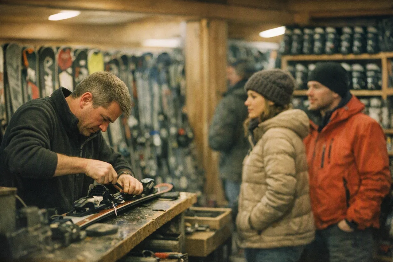 Skiudlejning med rækker af ski og støvler langs væggene