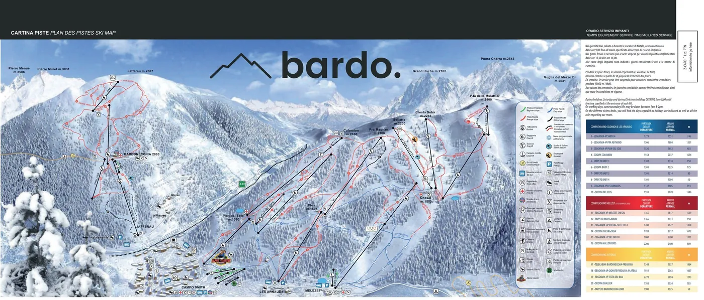 Pistekort over Bardonecchia, pister, lifter og nedkørsler