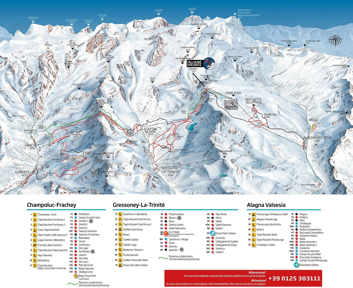 Pistekort over Gressoney-La-Trinité, pister, lifter og nedkørsler