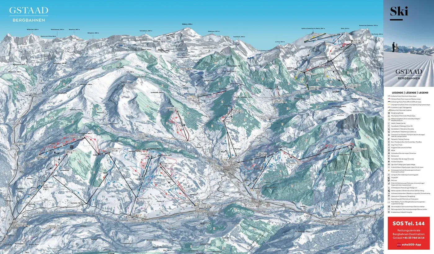 Pistekort over Gstaad, pister, lifter og nedkørsler