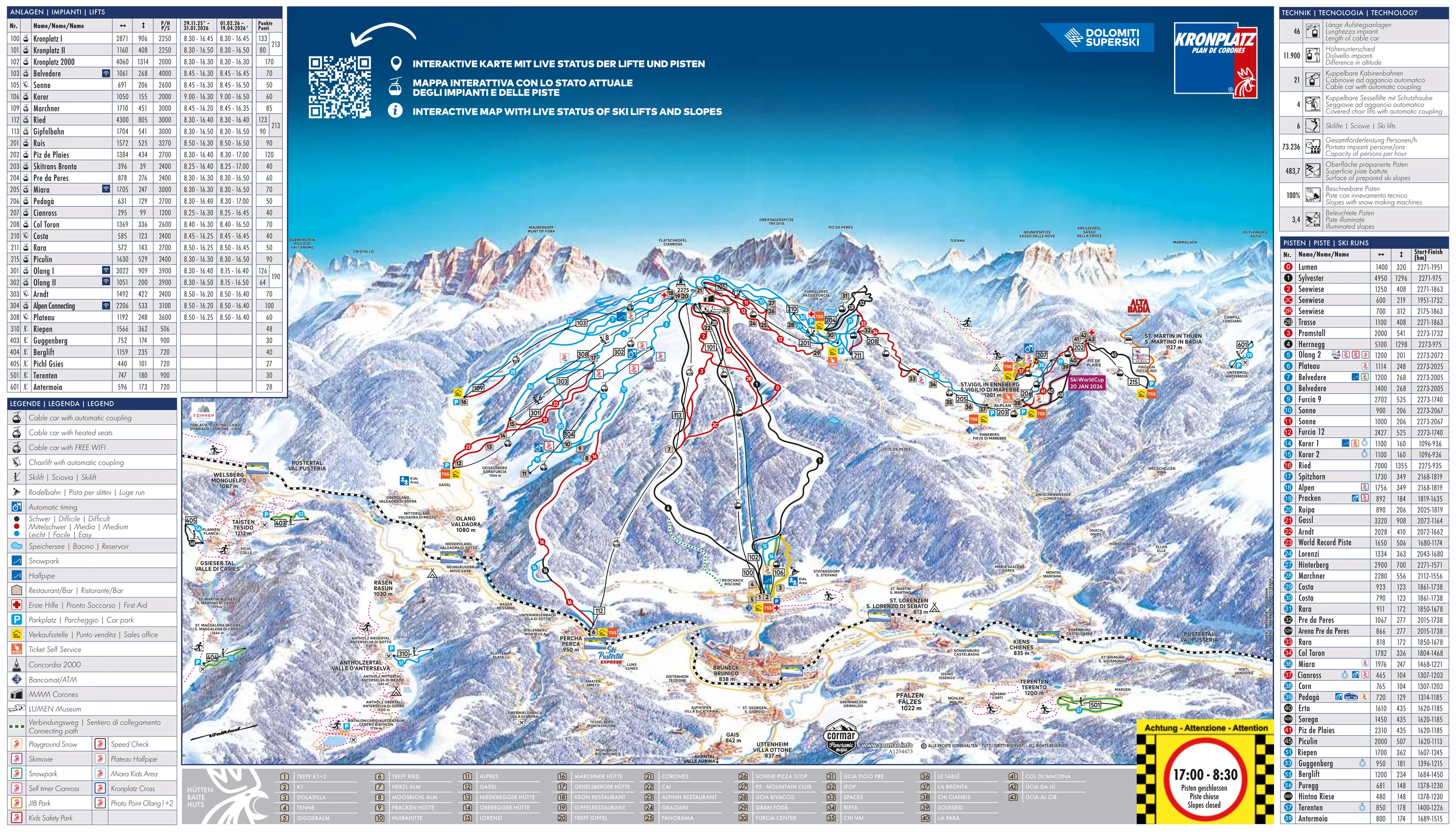 Pistekort over Kronplatz, pister, lifter og nedkørsler
