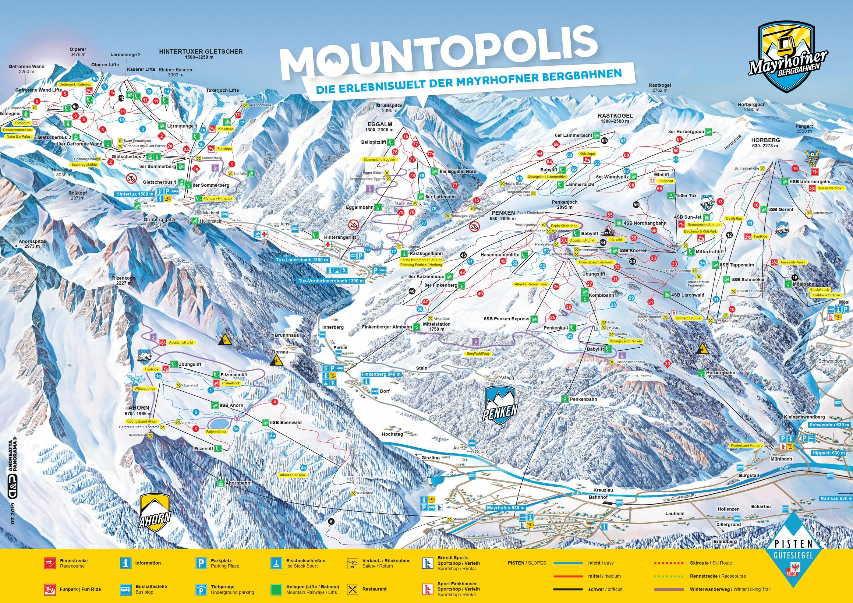Pistekort over Mayrhofen, pister, lifter og nedkørsler