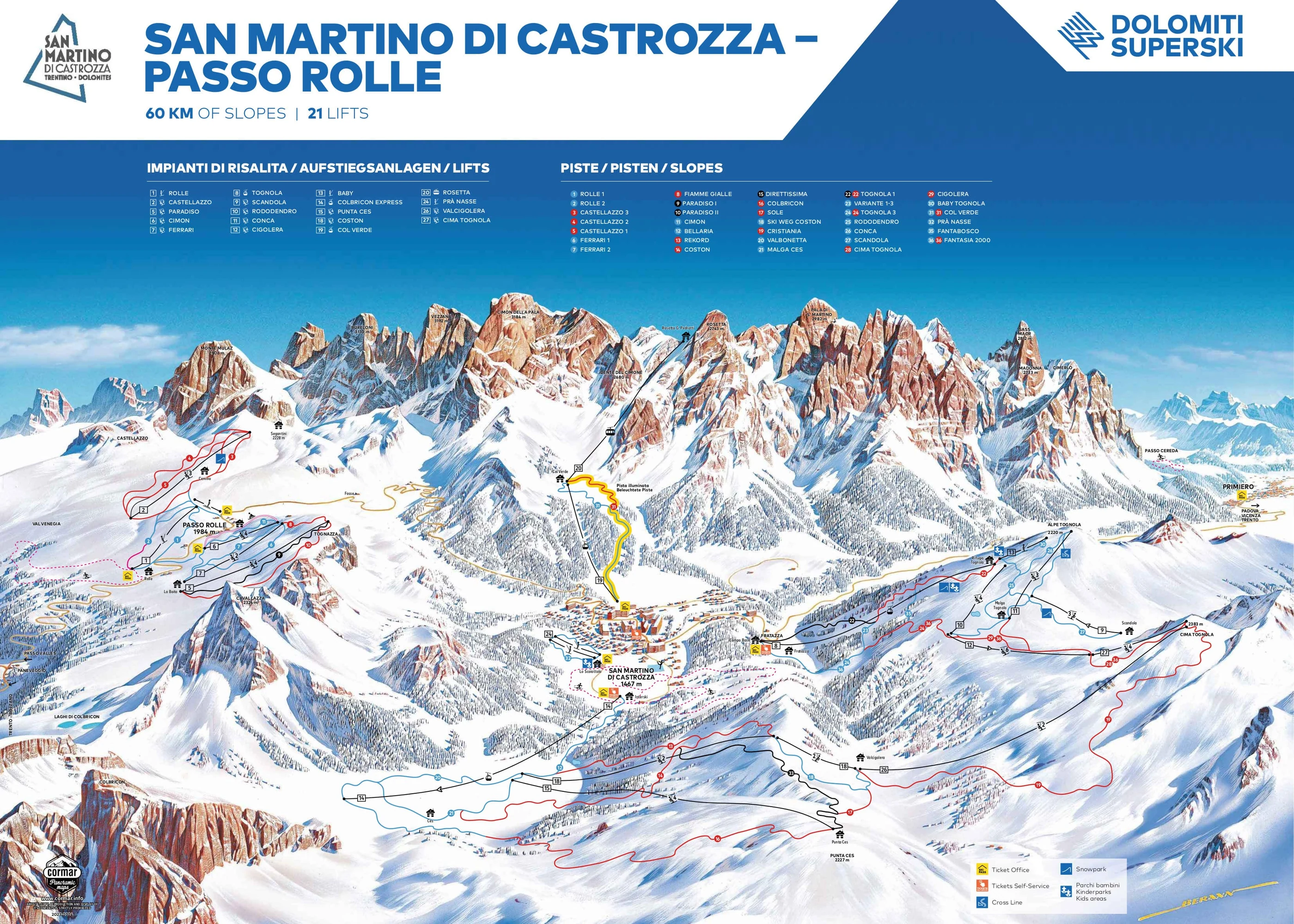 Pistekort over San Martino di Castrozza, pister, lifter og nedkørsler