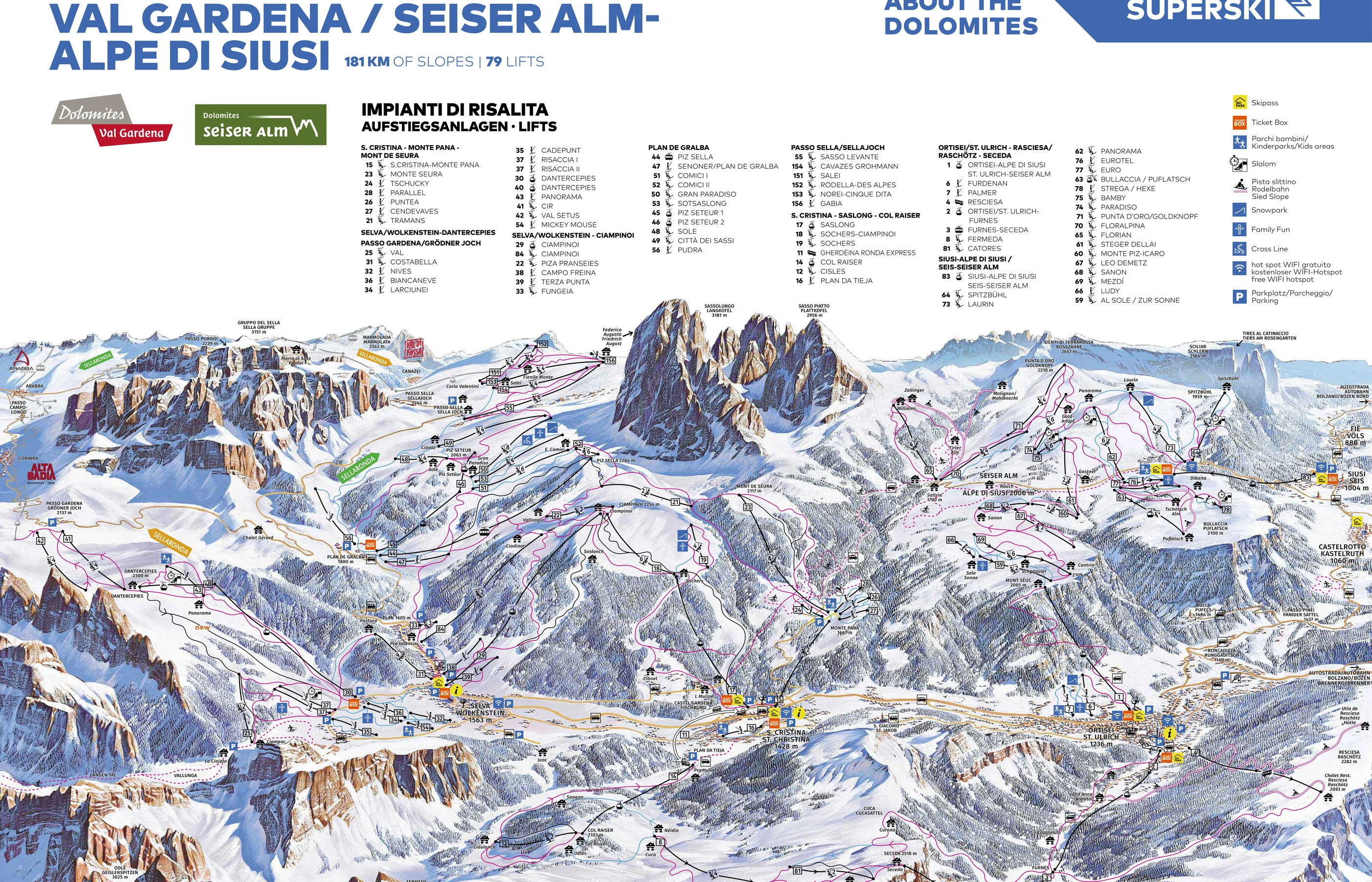 Pistekort over Selva Val Gardena, pister, lifter og nedkørsler