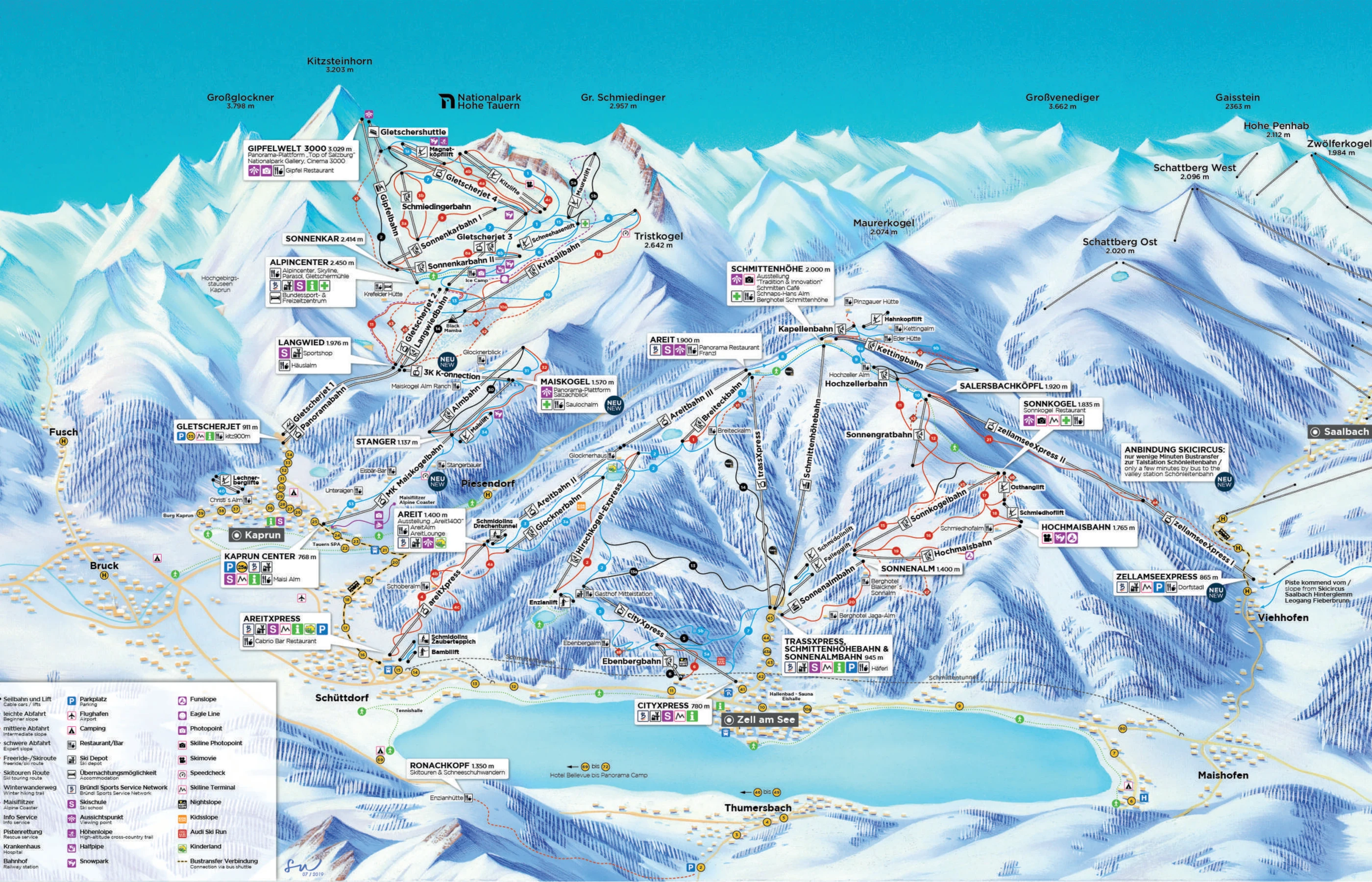 Pistekort over Zell am See, pister, lifter og nedkørsler